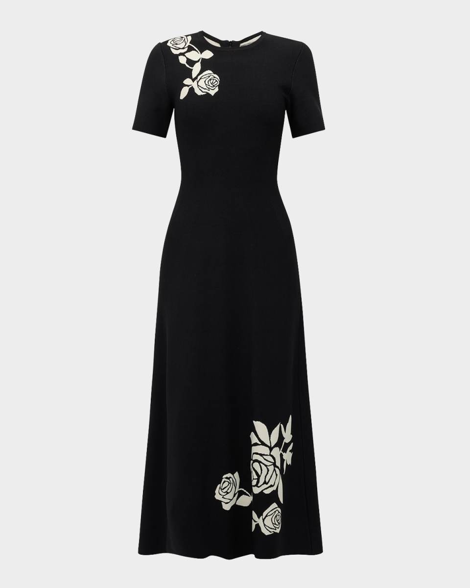 Rose Jacquard Short-Sleeve Midi Dress